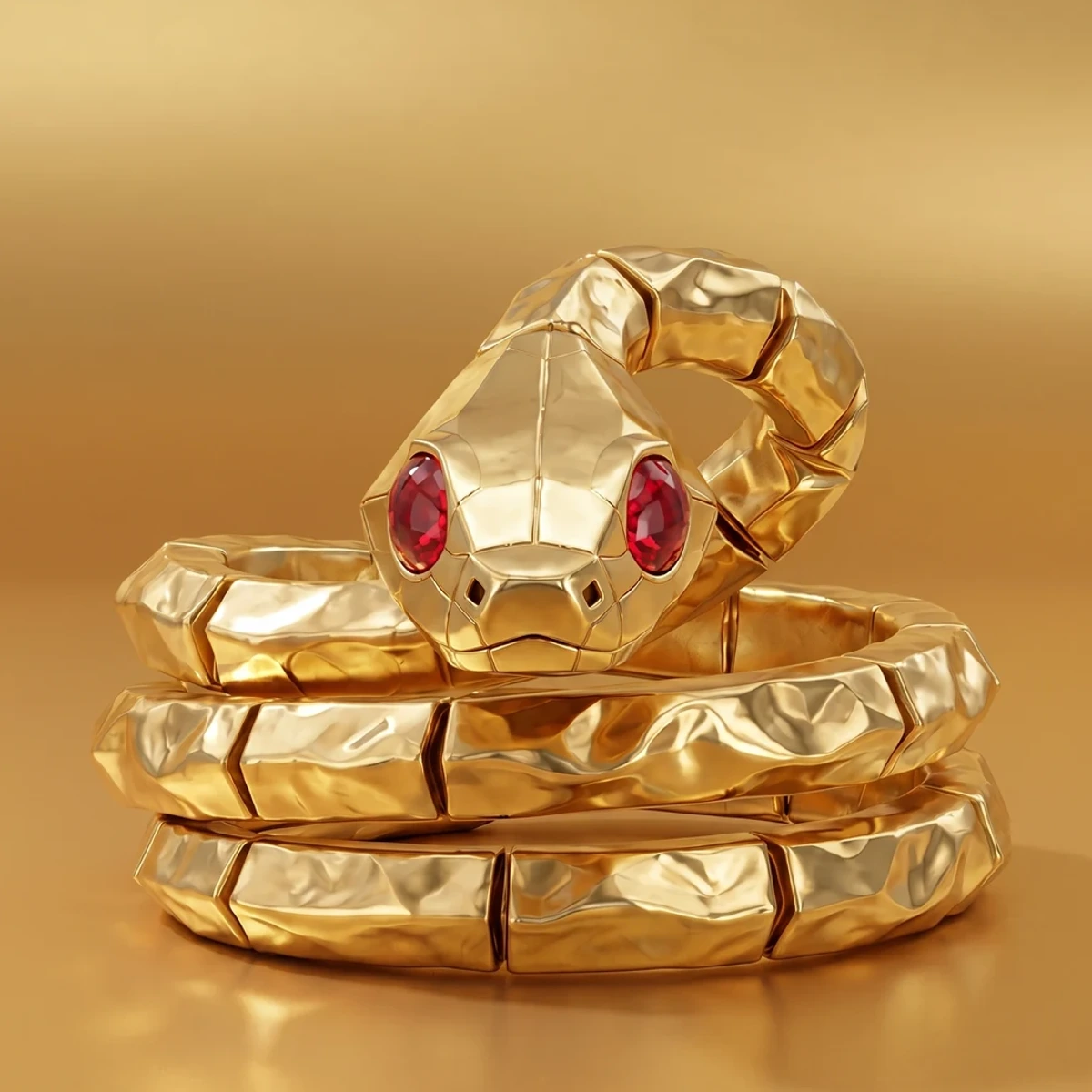 Yellow gold serpent ring with ruby eyes coiled three times