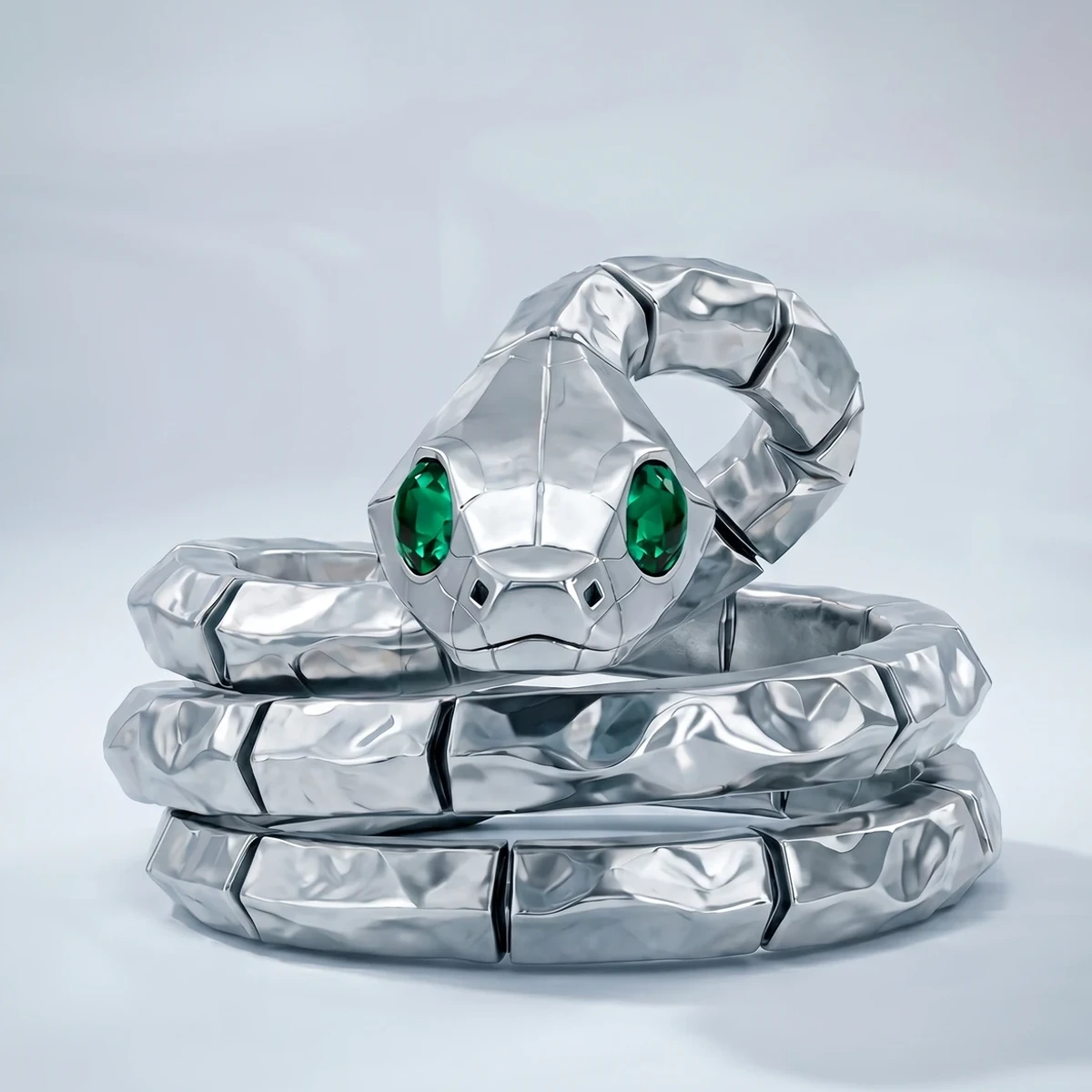 Platinum serpent ring with emerald eyes coiled three times